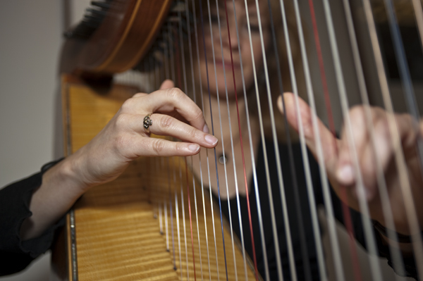 closeup of harpist hands