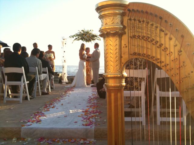 Gold harp at beach wedding